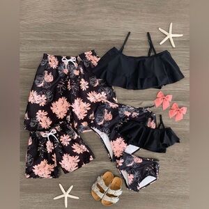 Black and coral tropical family swimsuits